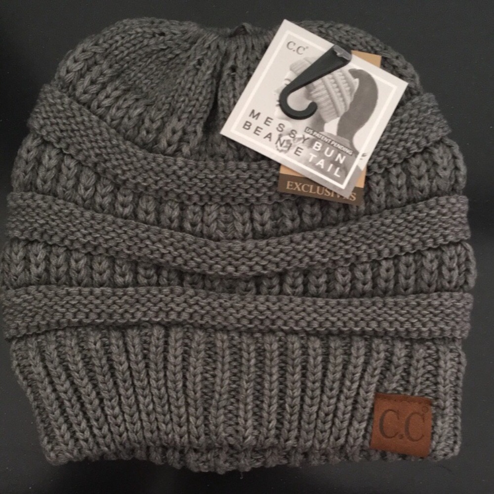 Dark Grey CC Messy Bun Beanie